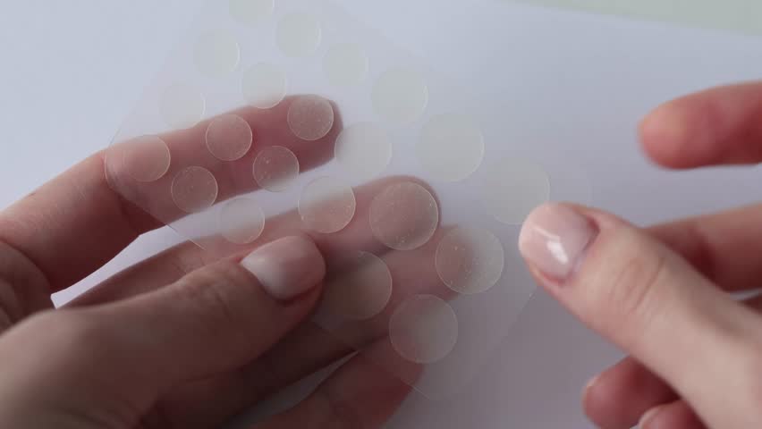 Round patches for acne and wrinkles on the hands on a white background. Acne and wrinkle patches for facial rejuvenation. Cleansing cosmetology. Woman's hand takes one transparent sticker. | Shutterstock HD Video #1099630481