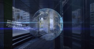 Animation of data processing and globe over cityscape. global business and digital interface concept digitally generated video.