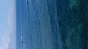 Vertical video of Aerial shot of waves crashing over shallow reef and turquoise water