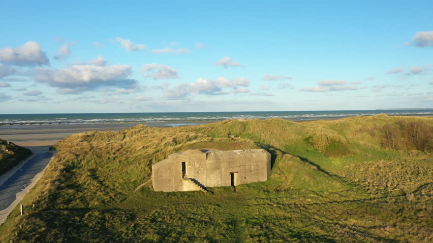 A fortification on the landing beach of Utah beach in Europe, France, Normandy, towards Carentan, in spring, on a sunny day.