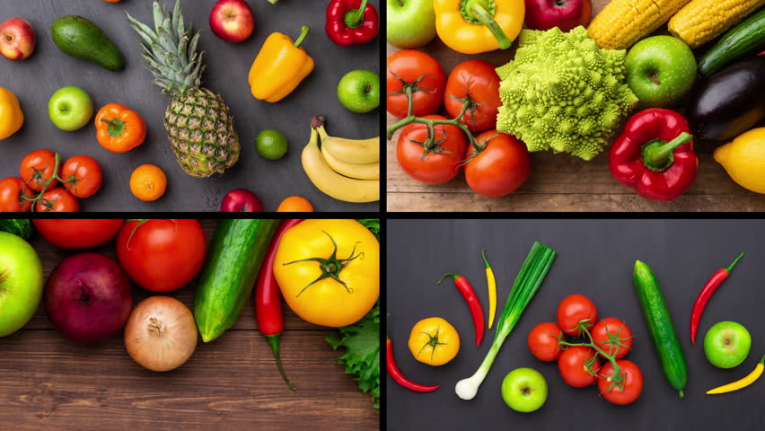 Healthy eating ingredients: fresh vegetables, fruits and superfood. The concept of nutrition, diet, vegan food. Concrete background | Shutterstock HD Video #1099639683