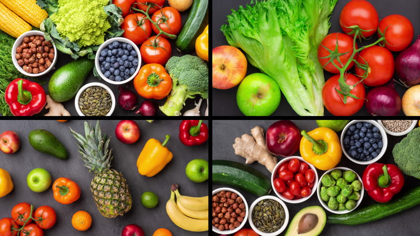 Healthy eating ingredients: fresh vegetables, fruits and superfood. The concept of nutrition, diet, vegan food. Concrete background | Shutterstock HD Video #1099639715
