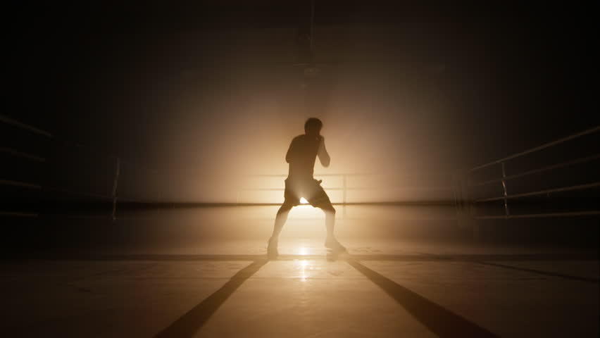 Close-up view of unrecognized, young boxer training indoors. Silhouette of a kickboxer having an intensive workout in the gym. High quality 4k footage in golden orange bronze foggy back light Royalty-Free Stock Footage #1099647537