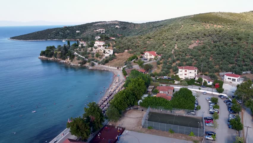 A beautiful aerial shot of a beach near Volos, Greece.