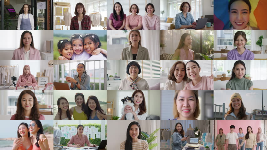 Group of young adult asia happy joy relax smile laugh looking at camera. Diverse face of islam muslim, child kid girl, LGBT pride lady gender, mature worker, senior owner, mosaic image screen unity. | Shutterstock HD Video #1099651299
