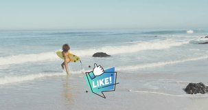 Animation of social media over african american woman with surfing board walking on beach. Social media, holidays and vacations concept digitally generated video.
