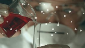 Animation of dots floating over caucasian female lab worker pouring liquid into glasses. Science, experiments, medicine and laboratory concept digitally generated video.