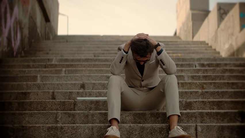 Tired Worker Overworked On Computer. Unhappy Frustrated Businessman. Annoyed Trader. Depression Workaholic Sitting On Steps Deadline. Sad Tired Businessman. Annoyed Overwhelmed Exhausted Stressed Man | Shutterstock HD Video #1099654769