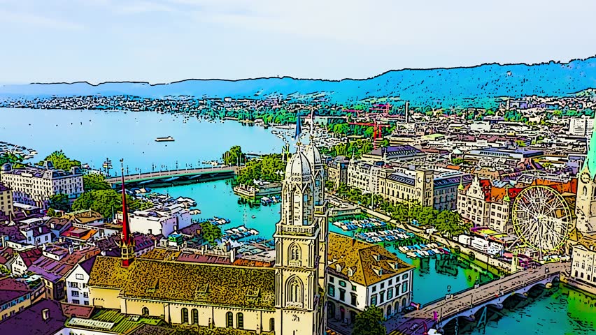 Zurich, Switzerland. The Grossmunster church with its distinctive twin towers dominates the foreground, a Romanesque landmark where the Swiss-German Reformation began under Huldrych Zwingli in the 16th century. The camera performs a slow aerial rotation around the towers, revealing the Limmat River flowing toward Lake Zurich, the Quaibrucke bridge connecting the two shores, and the dense historic old town with terracotta rooftops spreading toward the distant hills. A large Ferris wheel is visible near the waterfront, and the Fraumunster spire rises across the river. The entire scene is rendered in a vibrant cartoon illustration style with bold outlines and saturated colors, evoking a hand-drawn travel poster aesthetic. Bright daylight illuminates the cityscape, with clear skies and lush green vegetation on the surrounding hills. The sweeping aerial perspective captures the full sweep of the city center from the lakefront to the urban core, Point of interest. Color sketch in cartoon style.