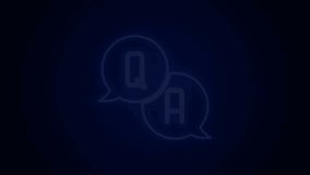 Glowing neon line Speech bubbles with Question and Answer icon isolated on black background. Q and A symbol. FAQ sign. Chat speech bubble and chart. 4K Video motion graphic animation.