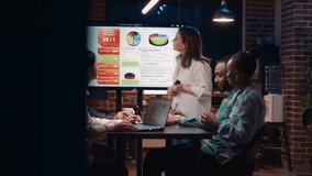 Company employee explaining analytics research results in business meeting, showing statistics data on digital board. Marketing revenue report presentation, colleagues team planning sales strategy - Powered by Shutterstock - Get 15% off with code: PIKWIZARD15
