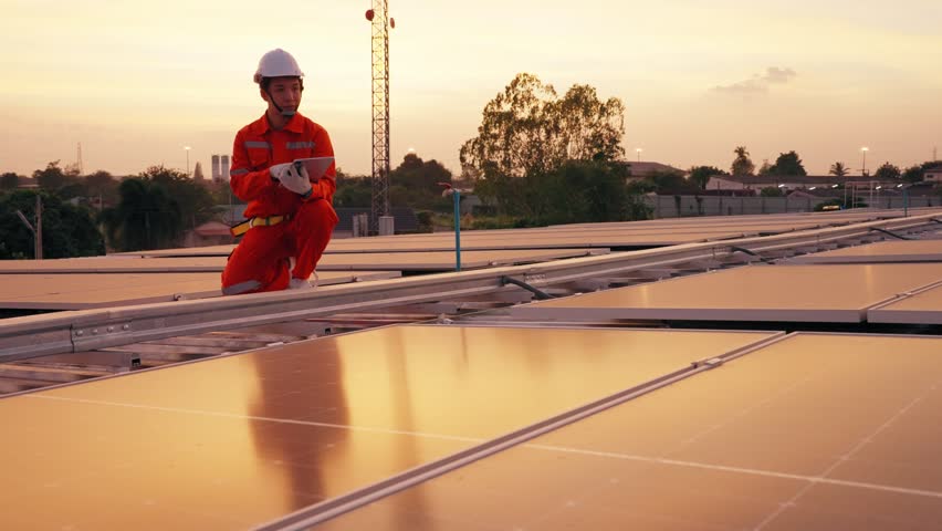 Asian worker or engineer inspecting and repairing solar panels on rooftop, Sustainable life concept | Shutterstock HD Video #1099659375