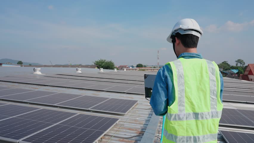 Asian worker or engineer inspecting and repairing solar panels on rooftop, Sustainable life concept | Shutterstock HD Video #1099659377