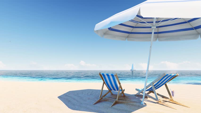 4K Ultra HD. Blue ocean sand beach nature tropical palms Island. Hotel beach. Caribbean sea and sky. Small wild beach chairs. landscape Island. Palms turquoise sea background Atlantic ocean.  | Shutterstock HD Video #1099661817