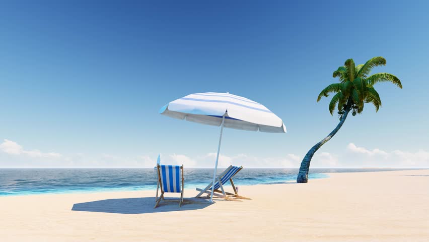 4K Ultra HD. Blue ocean sand beach nature tropical palms Island. Hotel beach. Caribbean sea and sky. Small wild beach chairs. landscape Island. Palms turquoise sea background Atlantic ocean.  | Shutterstock HD Video #1099661819