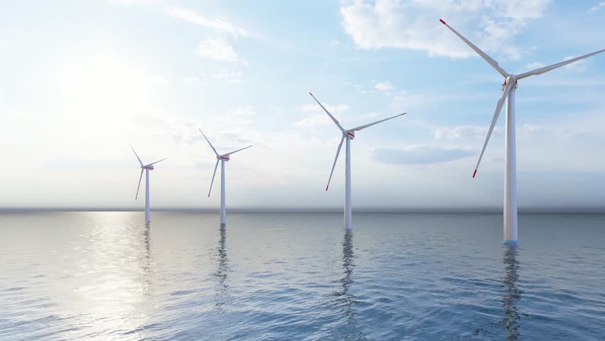 Close up shot of wind mills turbine rotating by the wind and generating renewable green energy. Offshore windmill, 3d animation. | Shutterstock HD Video #1099662671