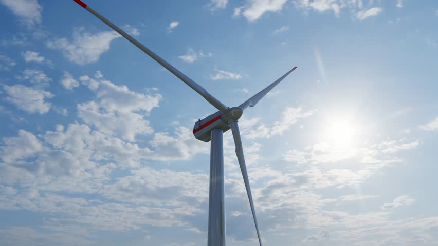 Close up shot of wind mills turbine rotating by the wind and generating renewable green energy. Offshore windmill, 3d animation. | Shutterstock HD Video #1099662675