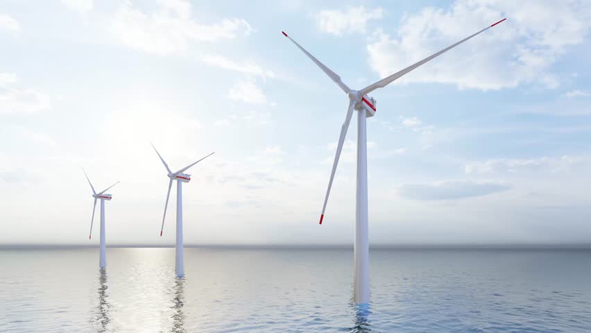 Close up shot of wind mills turbine rotating by the wind and generating renewable green energy. Offshore windmill, 3d animation. | Shutterstock HD Video #1099662677
