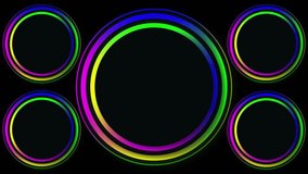 Neon glowing colorful circles motion design black background. Seamless loop. 4K footage