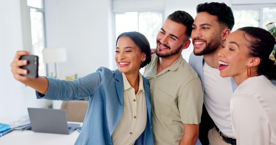 Selfie, office team and group of people in social media post, online networking update and happy diversity. Workplace inclusion, excited influencer or gen z employees or worker in profile picture | Shutterstock HD Video #1099666121