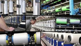 Textile and Garment Industry - Multi Screen Video. Women's Hosiery and Pantyhose Manufacturing. Production Manager Overseeing Yarn Manufacturing Machines. Automated Production in Garment Factory. 