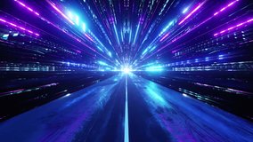 An endless high-speed flight through a neon sci-fi tunnel of colorful laser light in a seamless VJ loop. Perfect for music videos, stage performance walls, LED screens and projection cards.