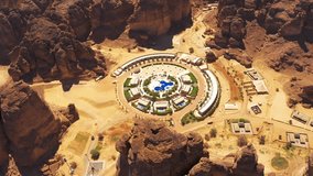 Aerial, Resort From Above, Al Ula, Saudi Arabia. Graded and stabilized version. 