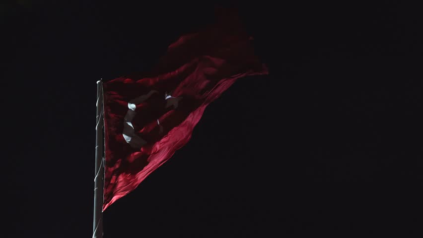 Waving Turkish Flag at night. Turkish Flag background 4k video. National days of Turkey. Noise and grain included.