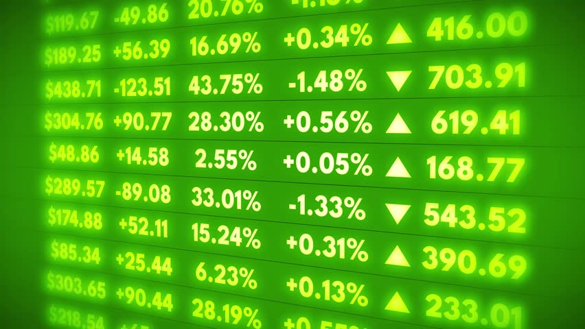 Green display of stock exchange market board with gain and profit . Wall Street digital Panel with growing Numbers. Trade concept, Business finance and Investing in stock market	
 | Shutterstock HD Video #1099680741
