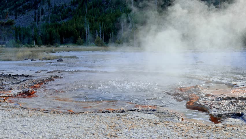 Beautiful view of hot spring pool geothermal landscape. Geyser basin and forest. Famous tourist attraction at Yellowstone national park. Hot thermal spring Black Pool in Yellowstone National Park