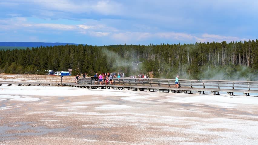 Beautiful view of hot spring pool geothermal landscape. Grand Prismatic Spring in Yellowstone National Park