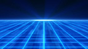 Abstract blue glowing neon laser grid futuristic high tech with energy lines on surface and horizon, abstract background. Video 4k, motion design