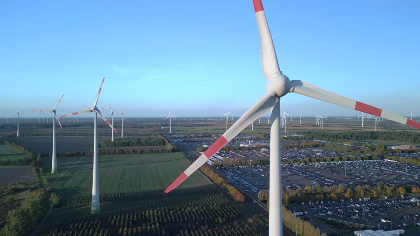 Close Up german Wind farm wheel Field. Wonderful aerial view flight drone | Shutterstock HD Video #1099687881