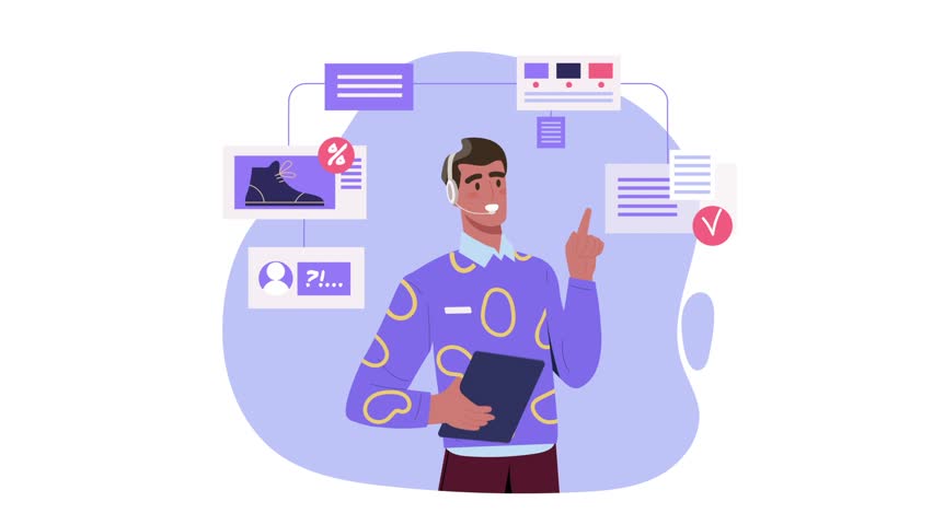 Help Desk Operator concept. Moving male support service employee helps users make purchase or order in online store. Character in headphones communicates with customers. Flat graphic animated cartoon | Shutterstock HD Video #1099692117