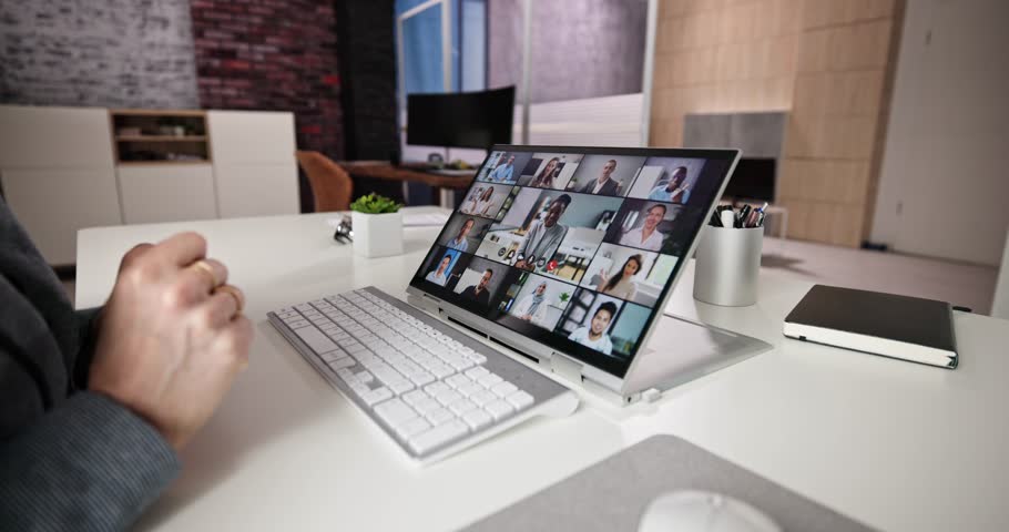Virtual Conference Call On Hybrid Business Laptop