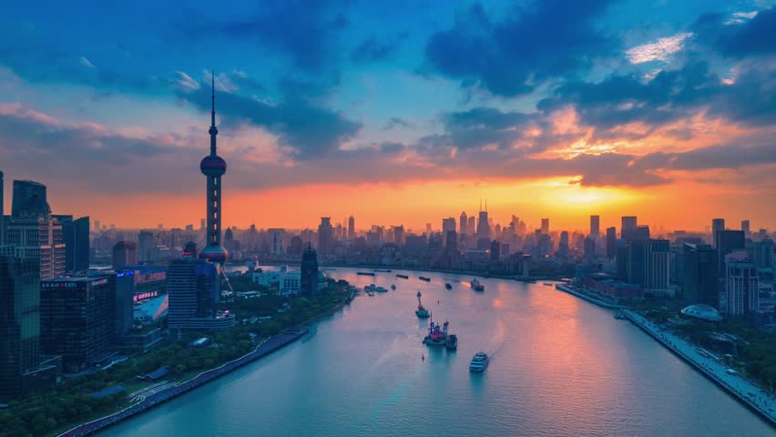 Aerial video of downtown Shanghai, China Royalty-Free Stock Footage #1099696749