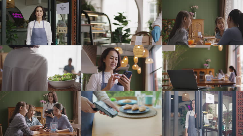 Mosaic multiple screen of mature middle age adult asia woman work at cafes coffee shop SME owner. Smile happy pride people, serving food drink order, loan chatbot, open store greeting, smart POS pay. Royalty-Free Stock Footage #1099698127