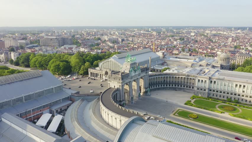 Inscription on video. Brussels, Belgium. Park of the Fiftieth Anniversary. Park Senkantoner. The Arc de Triomphe of Brussels (Brussels Gate). Text from small balls, Aerial View, Point of interest