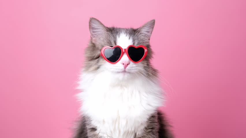 Cute funny cat in red heart shaped sunglasses sits on a pink background. Postcard with cat with space for text. Concept Valentine's Day, wedding, women's day, birthday Royalty-Free Stock Footage #1099700413