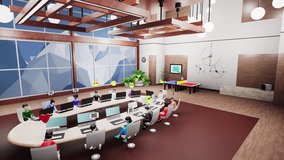 Business meeting in futuristic virtual office with computers. 3D avatars with icons discuss business strategy with real people by video. Concept of metaverse, digital world and technologies of future. - Powered by Shutterstock - Get 15% off with code: PIKWIZARD15