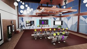 Animation of business conference in futuristic virtual office. 3D avatars talk with people about new mobile app by video. Technologies of future in business. Concept of metaverse and digital world. - Powered by Shutterstock - Get 15% off with code: PIKWIZARD15