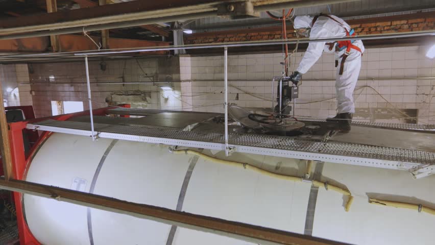 Tank truck cleaning operations. Tanker is in chemical cleaning. Cleaning the truck tank from the inside