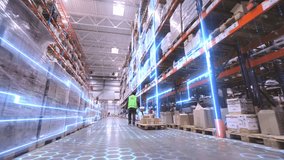 The worker walks through the warehouse. A worker is carrying a rokla through a large warehouse. Digitalization of production. Futuristic production concept. - Powered by Shutterstock - Get 15% off with code: PIKWIZARD15