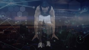 Animation of network of connections and data processing over male runner. Global sports, networks and data processing concept digitally generated video.