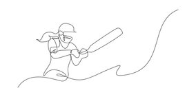 Animation of one line drawing of energetic woman cricket player successfully hit the ball home run. Sport concept. Continuous line self draw animated for cricket competition banner. Full length motion - Powered by Shutterstock - Get 15% off with code: PIKWIZARD15