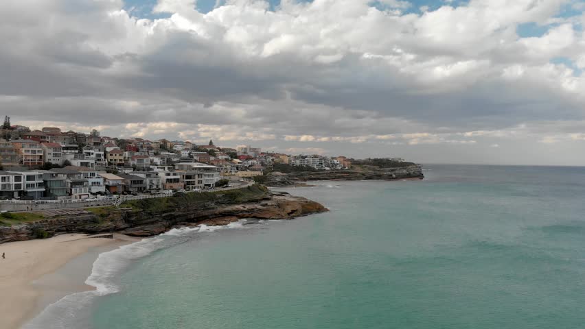 Bronte Beach in Sydney on a stormy day, aerial view