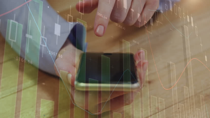 Animation of statistical data processing over mid section of a man using a smartphone. Global networking and business data technology concept