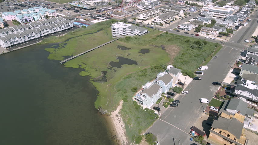 Drone view of the buildings by the Barnegat Bay, Beach Haven, Long Beach Island, New Jersey, US.