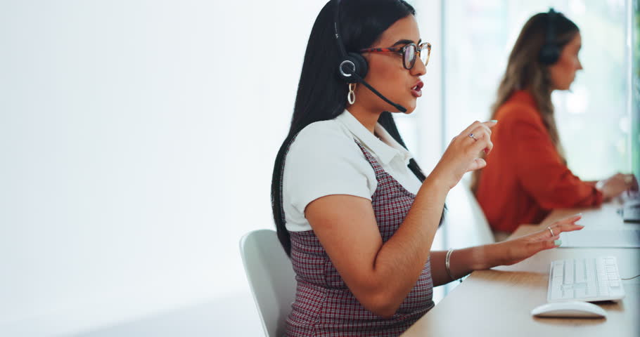 Call center woman, computer and customer support for team, consulting and advice in modern office. Contact us, women and pc for customer service, help desk and crm communication at office in Chicago | Shutterstock HD Video #1099711819