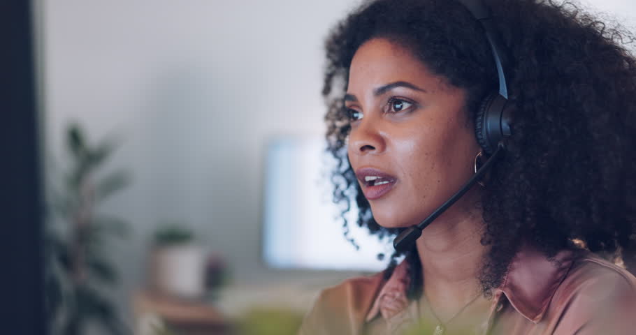 Headache, frustrated or black woman in call center with stress working in customer services helping sales client. Telemarketing, migraine pain or technical support talking, communication or speaking Royalty-Free Stock Footage #1099711869